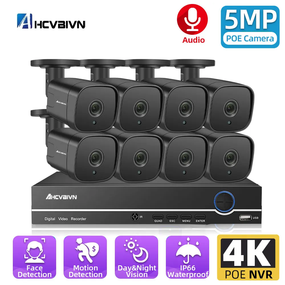 

8CH Bullet H265+ 8MP POE NVR 5.0MP Security Camera System Outdoor Waterproof Face Detection CCTV Camera Surveillance System 4K