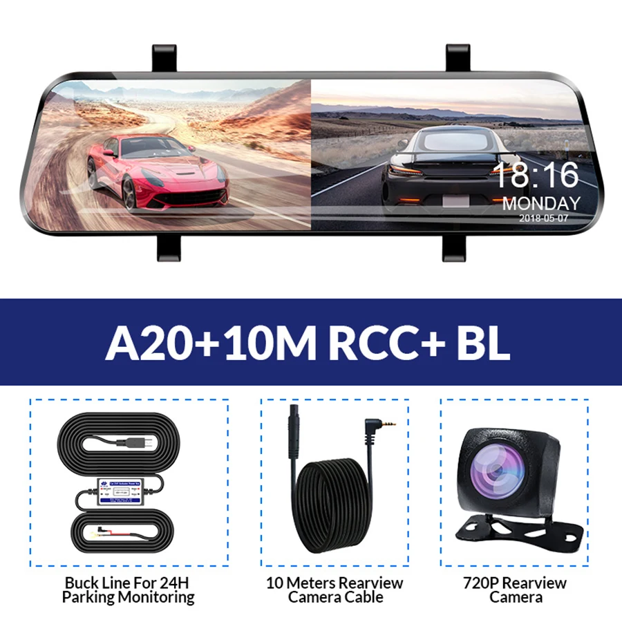 E-ACE Автомобильный видеорегистратор FHD 1080P зеркало заднего вида 4G видеорегистратор Android РЕГИСТРАТОР gps навигация двойной объектив Автомобильная камера ADAS видео рекордер - Название цвета: A20-10M RCC - BL