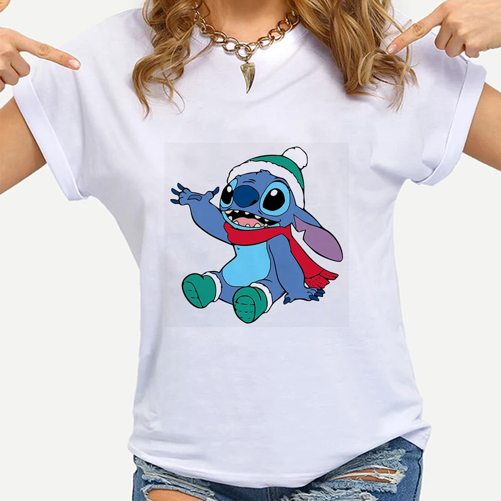

Disney Stitch Christmas Costume Women T-shirt Happy Festival Lilo and Stitch Cartoon Clothes 2021 Fashion Home Woman Tee Shirt