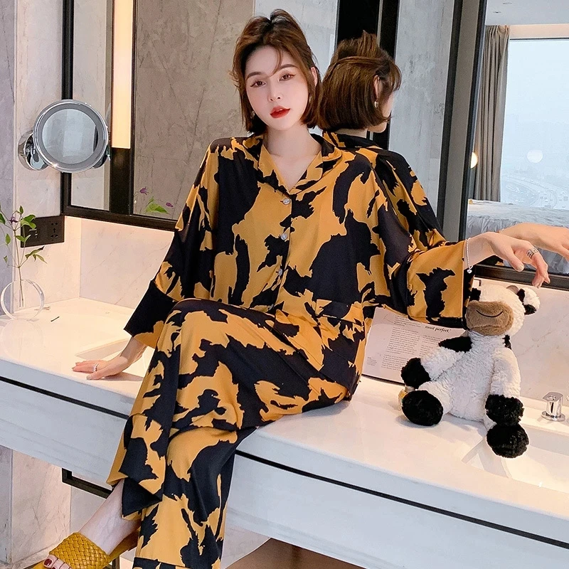Luxury Women's Pajama Set Print Long Sleeve Ladies Sleepwear Faux Silk Spring Autumn Satin Pijama Suit Nightwear for Female
