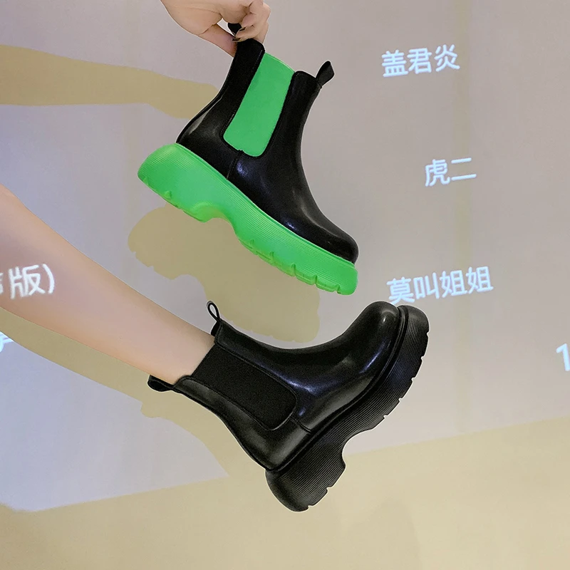 

WOHDHE 2021 New Ankle Boots for Women Thick Bottom Round Toe PU Leather Boots Black Green All-match Ankle Platform Booties