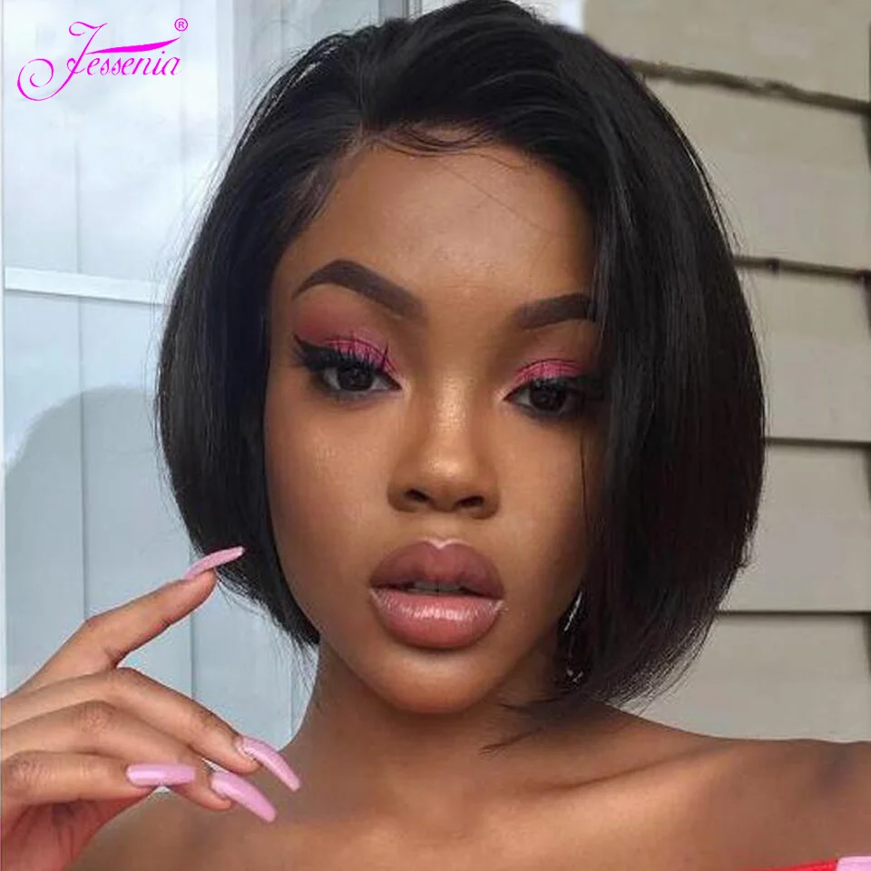 Human Hair 13X2 Wigs Short Pixie Cut Wigs Straight Wig Bob Wigs With Bangs Full Machine Made Wigs For Black Women 180 Density