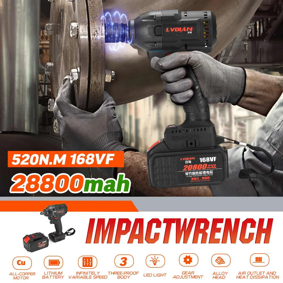 doersupp Electric Impact Wrench Cordless Infinitely Electric Wrench with LED Light Brushless Impact Rechargeable Lithium Battery