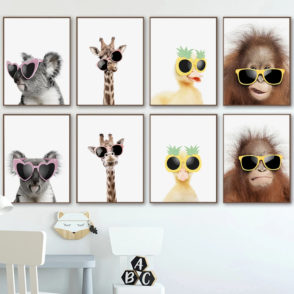 

Funny Animals With Glasses Poster Monkey Giraffe Koala Duck Canvas Painting Nordic Wall Art Picture Baby Nursery Kids Room Decor