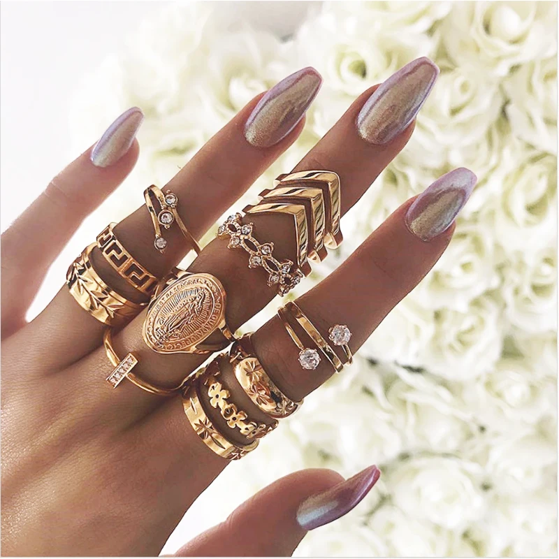 

Europe And the United States 2021 New Creative English Word Women's Ring Gold Simple Pattern Joint Ring Leaves 13 Sets Of Rings