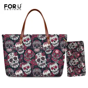 Комплект женских сумок FORUDESIGNS с цветочным принтом черепа, цветные женские тоуты, вместительные водонепроницаемые сумки с ручками сверху
