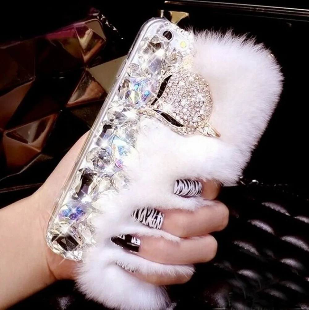 

Luxury Big Rhinestone diamond Real rabbit fur hard cover case For iphone11 pro max X XS MAX XR 5S 6 6S PLUS 7 8 Plus bling Case