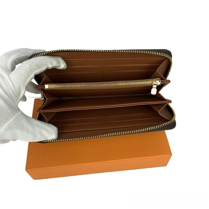 

Wholesale High quality fashion wallet single zipper designer men women leather wallets lady long purse with orange box card