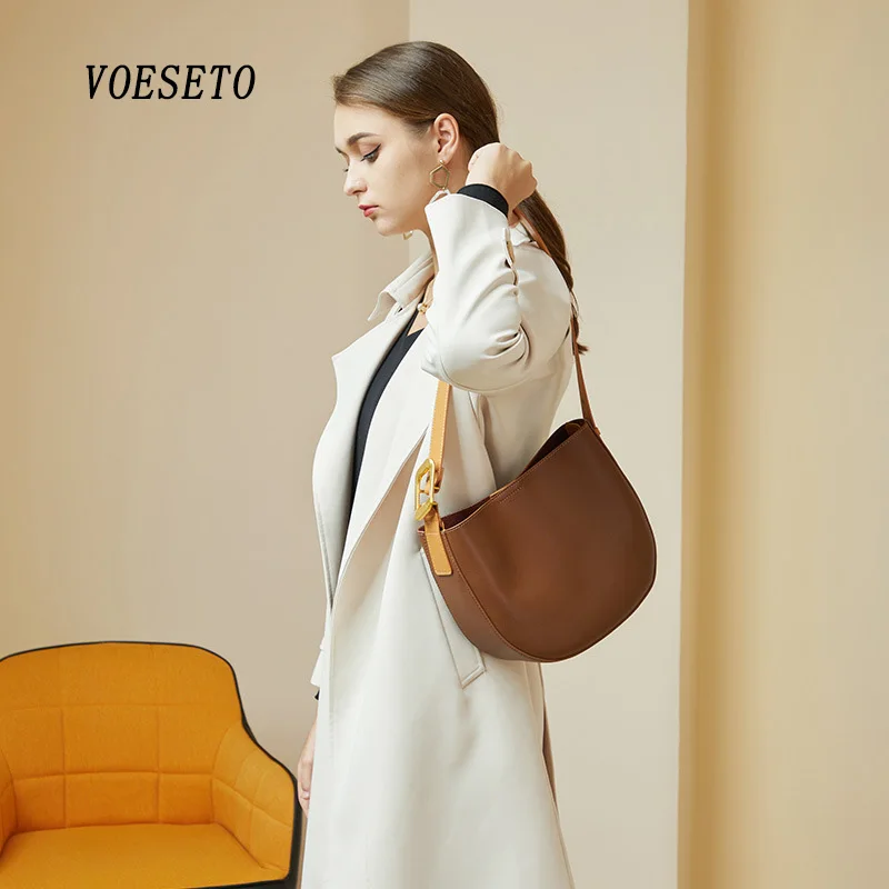 

VOESETO Женская Высококачественная натуральная кожа дизайнерская Роскошная косметичка на плечо 2021Hit седло Ретро сумка-мессенджер сумка-ведро
