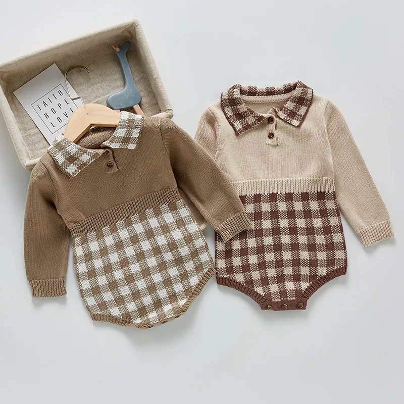 

Baby Girl Rompers Children Lattice Lapel Long Sleeve Jumpsuits Fashion Newborn Pullover Knitting Triangle Climb Clothes For 0-3Y