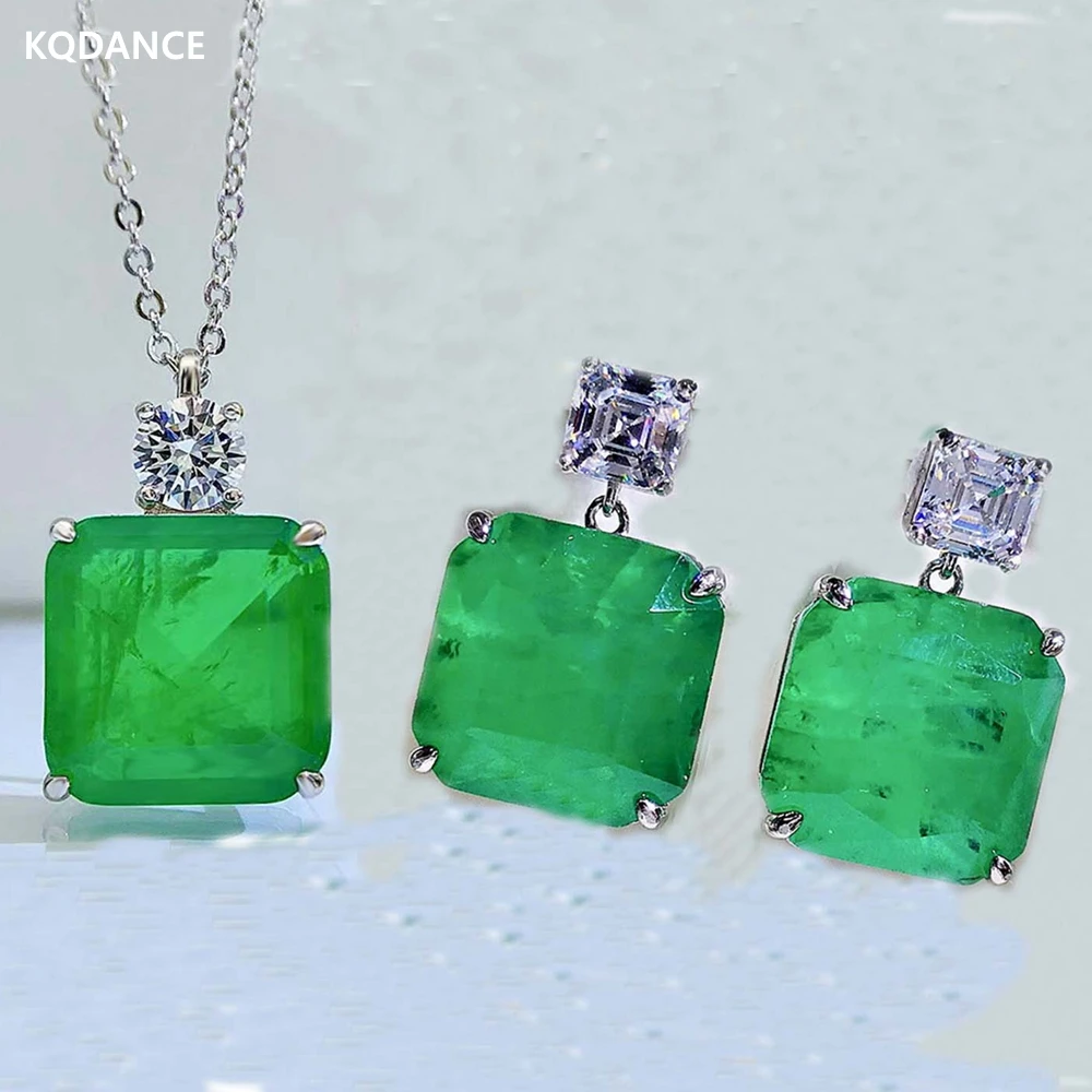 

KQDANCE Real 925 Silver with 15mm Lab Paraiba Tourmaline pariba emerald earrings Necklaces Wedding Jewelry Set for women 2021