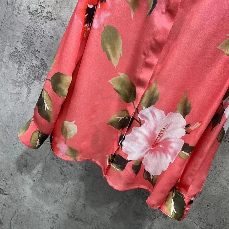 

100% silk women blouse pink flower printed women shirts quality women office shirt