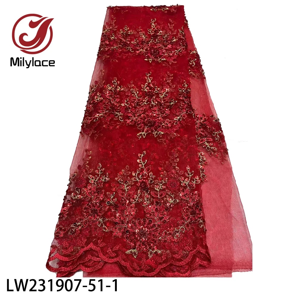 

Milylace African French Lace Fabric 2020 High Quality Mesh Tulle Lace Fabric Red Hand Work Beaded Lace for Party LW231907-51