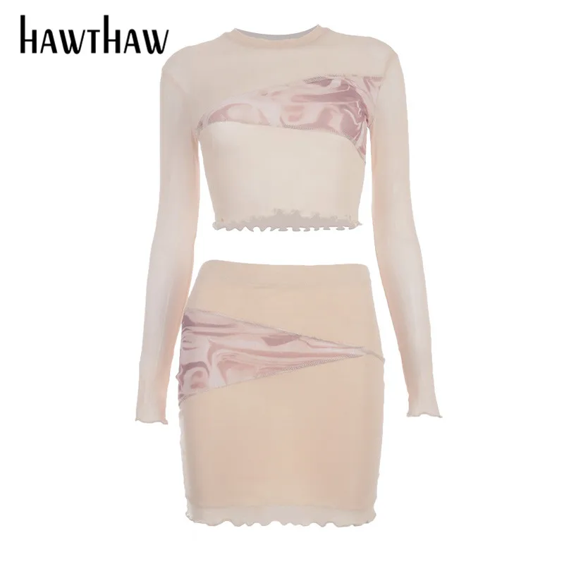 

Hawthaw Women Autumn Winter Long Sleeve Mesh See Through Crop Tops Mini Skirt Two Piece Set 2020 Female Clothing Streetwear