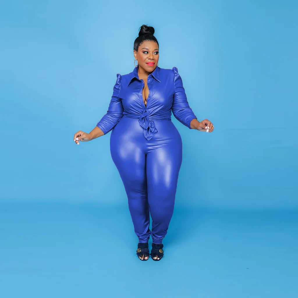 

Plus Size PU Leather Two Piece Set Women Solid Office Ladies Suit Single Breasted Shirt and Pants Sets Streetwear Wholesale Item