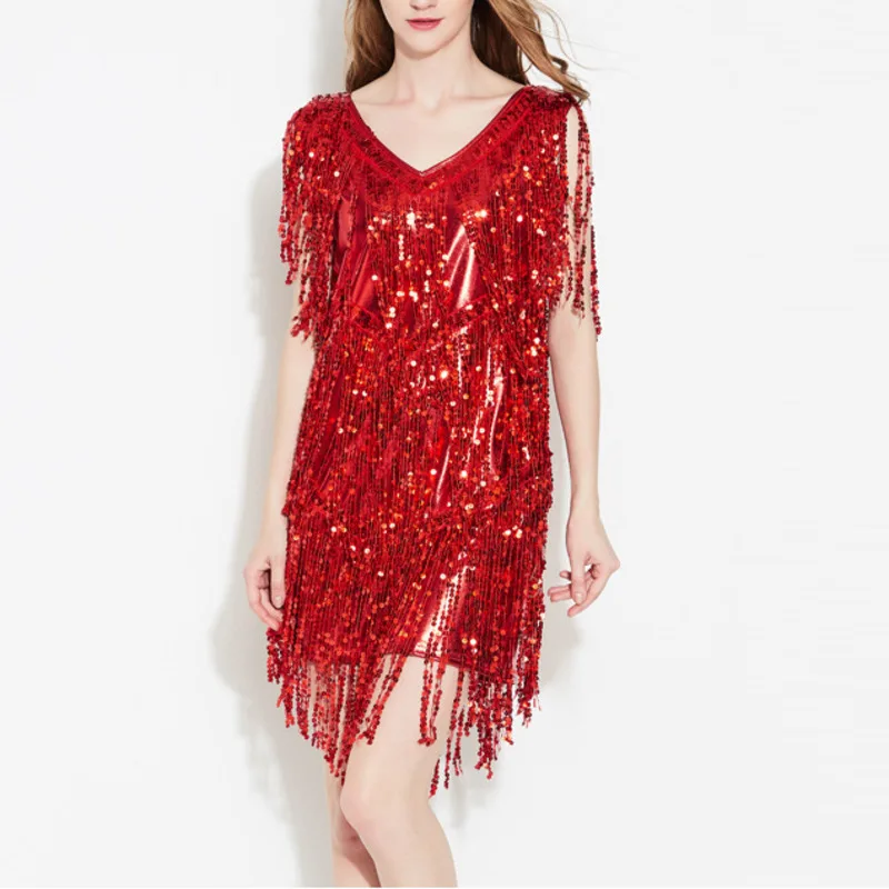 Блестящее красное платье без рукавов с кисточками модные золотые платья женские