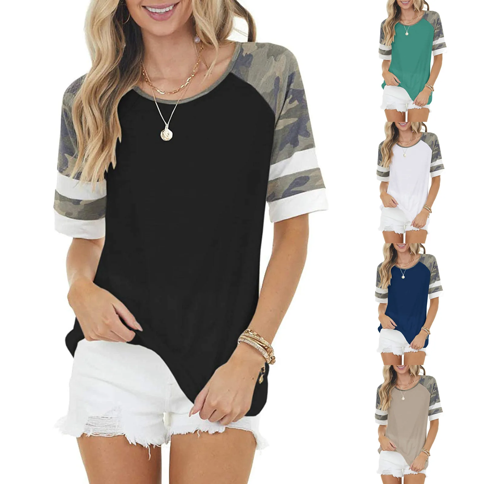 

Women Stripe Camouflage T-shirt Casual Harajuku Short Sleeve Crew-neck T-shirt Fashion Korean Shirt Camiseta Feminina Top 2021