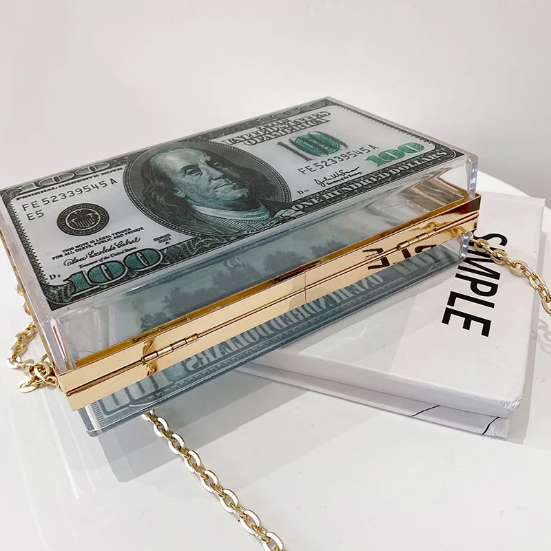 

Luxury Dollars Clutch Bags Acrylic Evening Handbag Shoulder Wedding Dinner Bag Elegant Chain Crossbody Bag Purses Party X285H