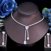 threegraces sparkling cubic zirconia love heart shape long dangle earrings necklace wedding costume jewelry set for women t0623