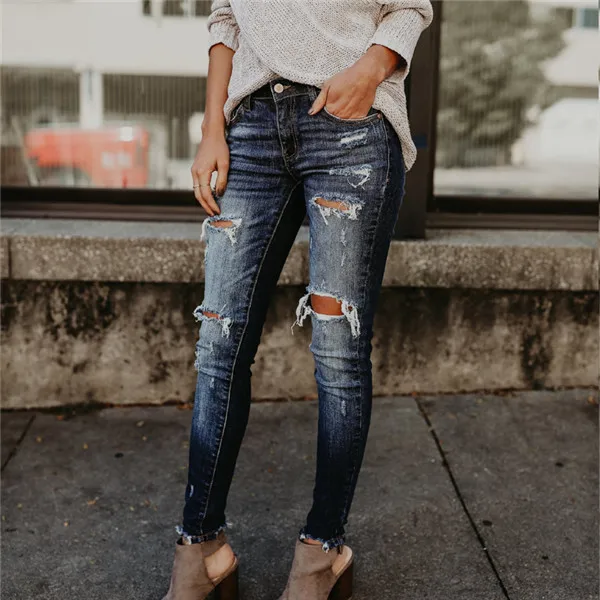 Blue ripped jeans Темно-синие винтажные рваные джинсы с высокой талией для женщин, модные обтягивающие джинсы с эффектом пуш-ап для женщин, большие размеры, Стрейчевые джинсовые джинсы для женщин - Цвет: Blue ripped jeans