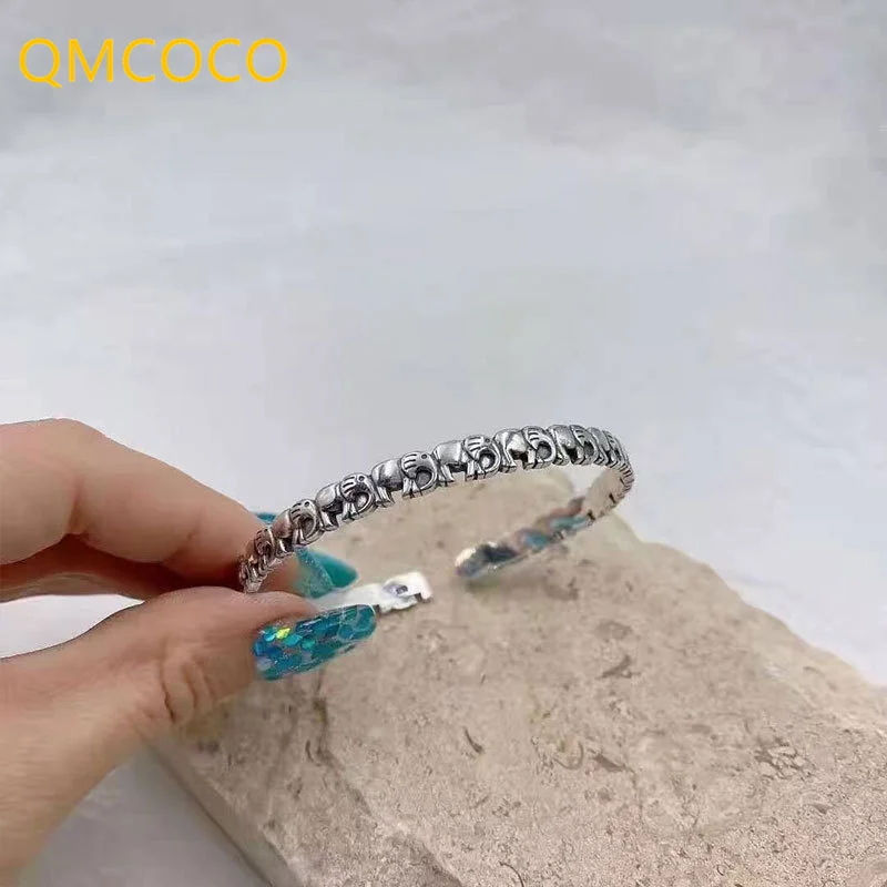 

QMCOCO 925 Серебряные панк браслеты Модные женские мужские хип-хоп винтажный дизайн слон шаблон браслеты тайские серебряные ювелирные изделия ...