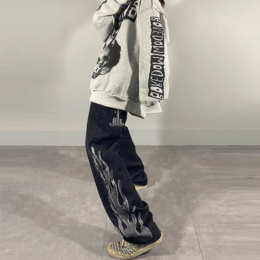 

Mmiot Dark streetwear Wash Jeans Women's Spring Summer 2021 New High Waist Trendy Straight Tube Wide Leg Skeleton Denim Pants