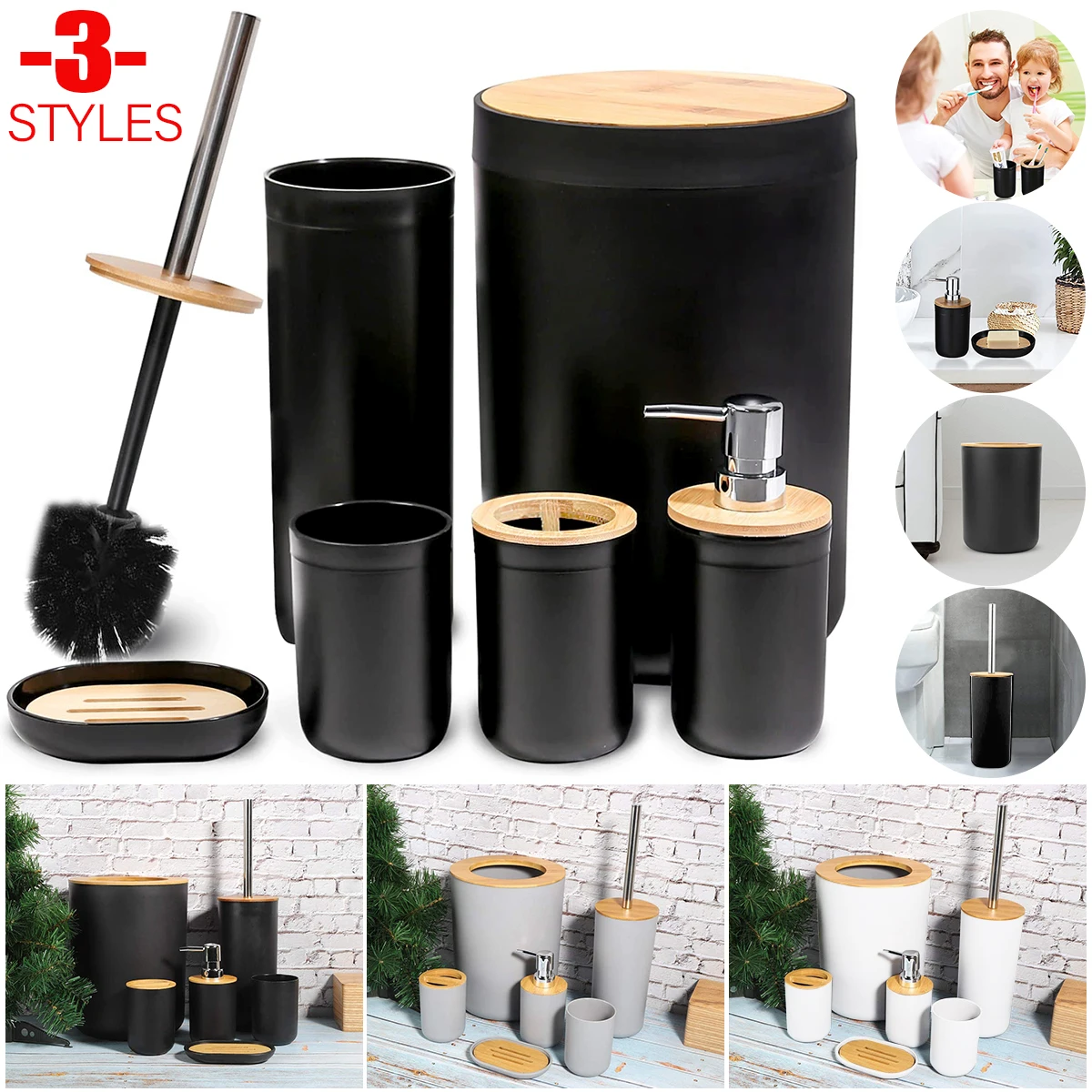 

6Pcs Bathroom Accessories Toothbrush Holder Liquid Soap Dispenser Soap Holder Case Mouthwash Cup Rubbish Bin Toilet Brush Sets