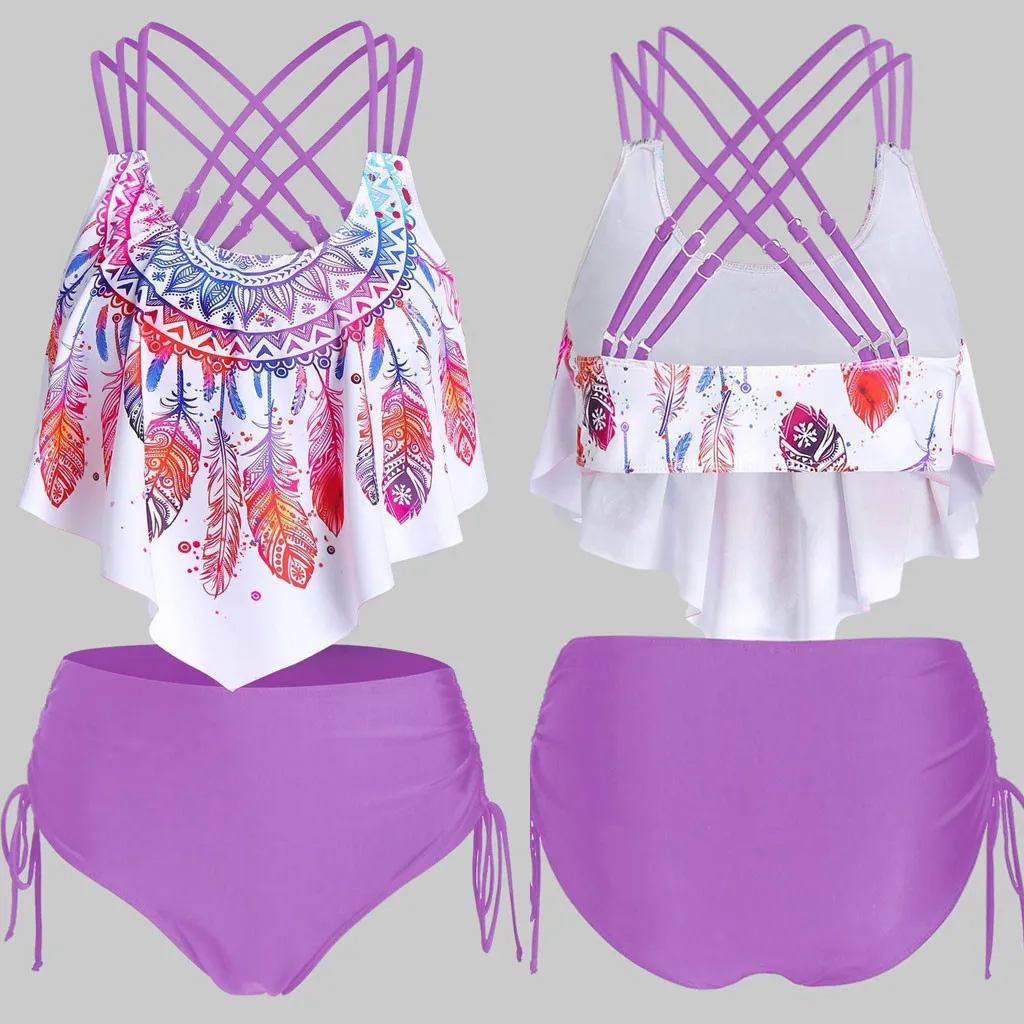 Сексуальный купальник-бикини с высокой талией и круглым вырезом принтом перьев