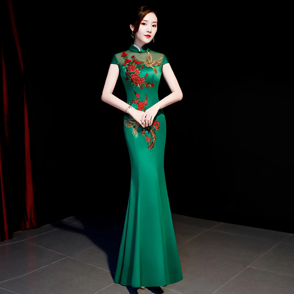 

Wedding chinese dress Vintage Embroidery Cheongsam Sexy Slim Mermaid Qipao Full Length Mandarin Collar Women Dress