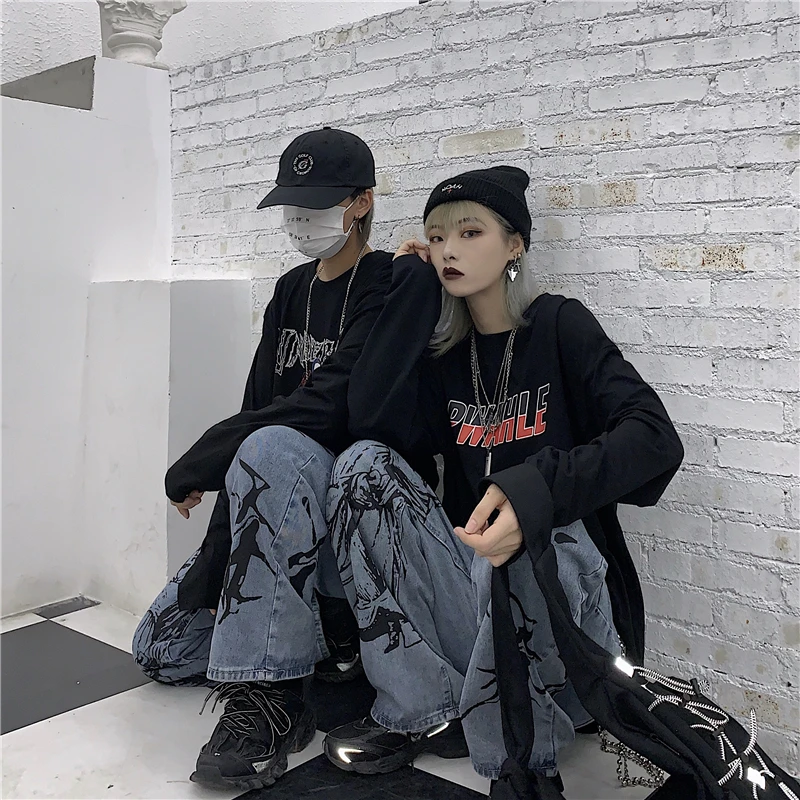 

Purplelano Mom Jeans Printed Gothic Baggy Jeans Loose Boyfriend High Waist Jeans Couples Denim Baggy Pants Harajuku Streetwear