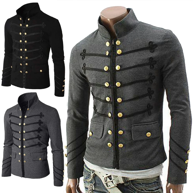 Mens Vintage Steampunk Gothic Clothing Solid Color Embroidered Button Jacket Victorian Punk Coat Tuxedo Suit Куртка Mужская