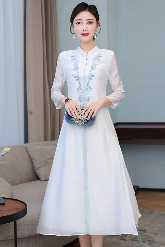 

COIGARSAM Women Long dress Summer Stand Neck Dresses White Yellow 8891