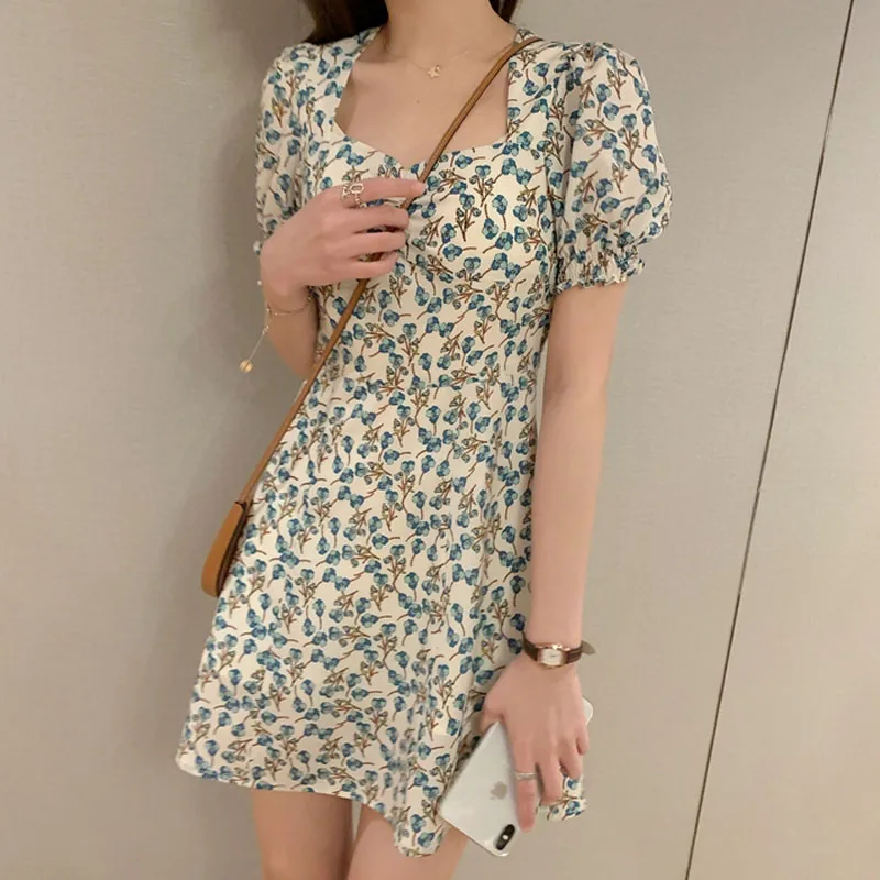 

Short Puff Sleeve Dress Women Side-Slit Retro Sexy Print Shirring Slim Elegant A-Line Princess Simple Dresses For Women 2021 Y2k
