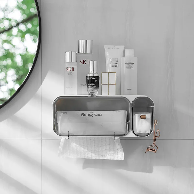 

Wall Mounted Toilet Paper Roll Holder Bathroom Cosmetic Storage Rack With Phone Holder Shelf Waterproof Tissue Box Accessories