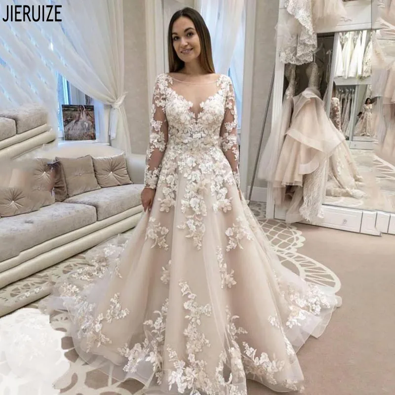 

JIERUIZE Luxury Boho Wedding Dresses Sheer Scoop Neck Long Sleeves 3D Flower Appliques A Line Wedding Gowns vestido de noiva