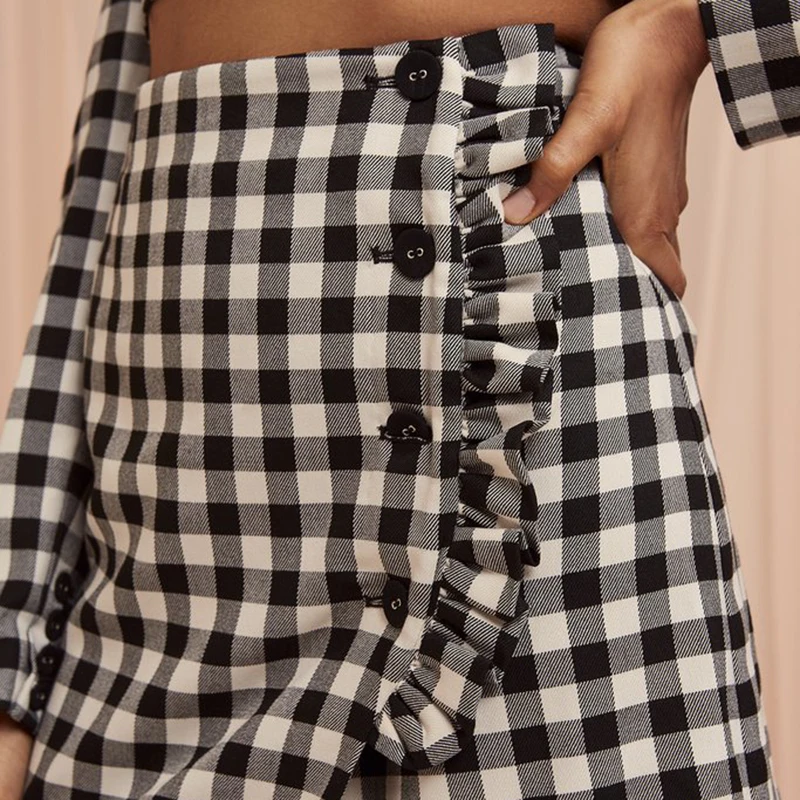 

VGH Plaid Hit Color Two Piece Set For Women Notched Long Sleeve Blazer High Waist A Line Mini Skirt Female Sets 2021 Spring New
