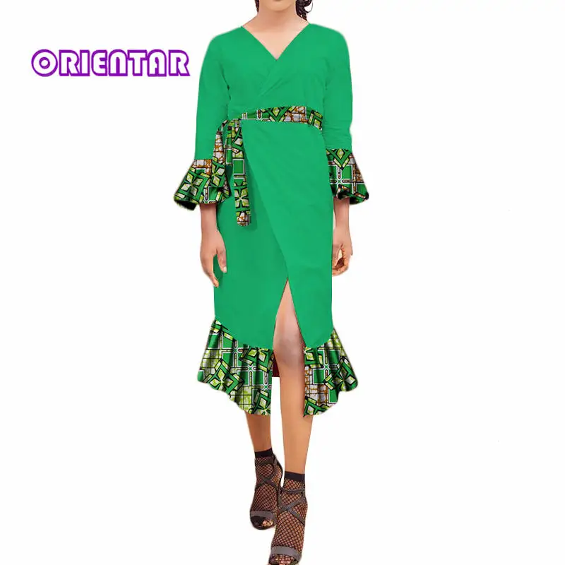 

Women African Dresses Sexy Women Sash Wrap Dress V-Neck Africa Print Bazin Riche Dress African Clothes WY3631