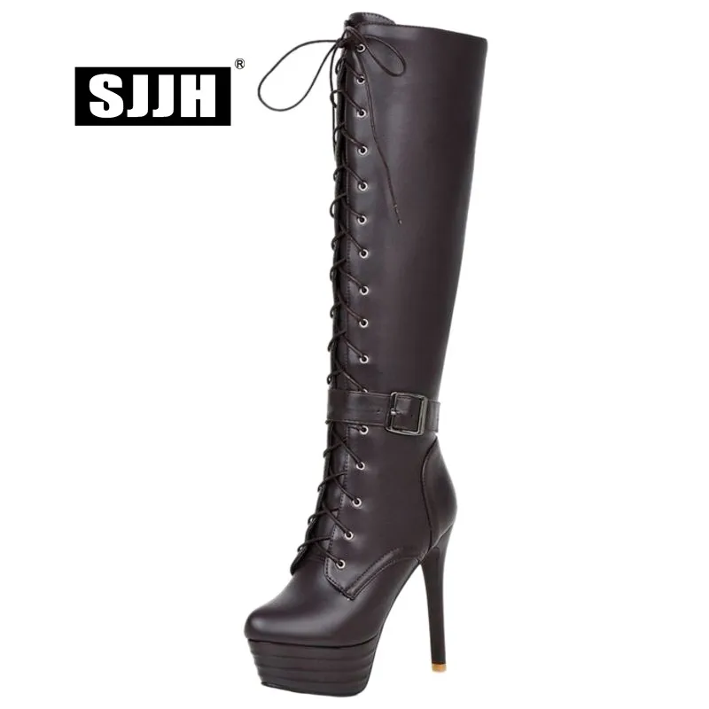 Женские сапоги до колена на шпильке 13 см с круглым носком|Сапоги колена| |