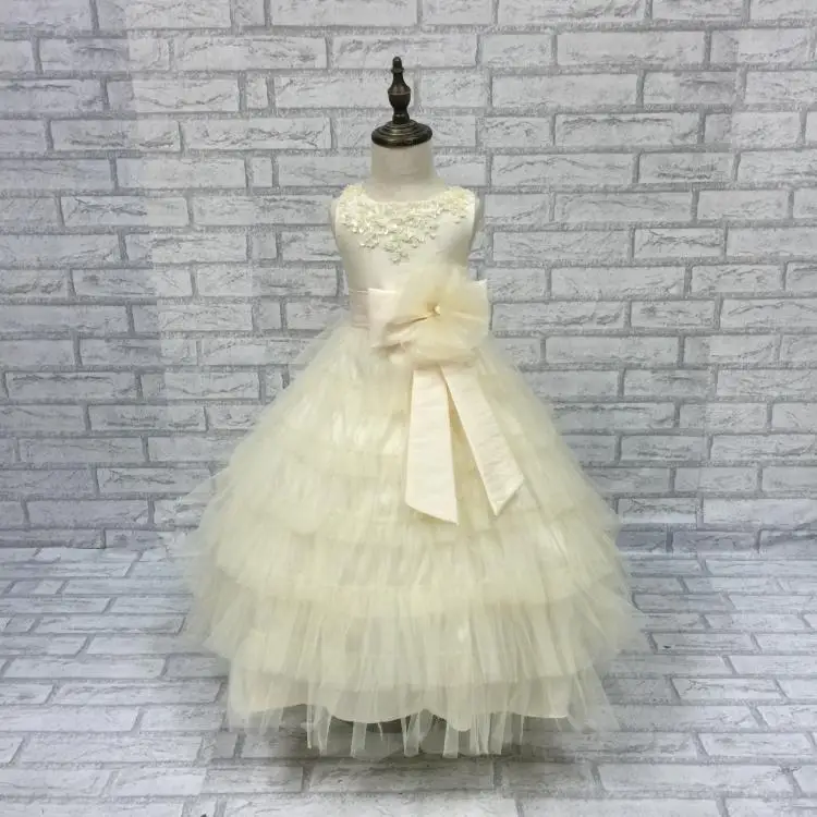 2021 New Flower Girls Dress Kids Sleeveless Tulle Layered Ball Gown with Big Bow Children Bridesmaid Party Vestido | Детская одежда и