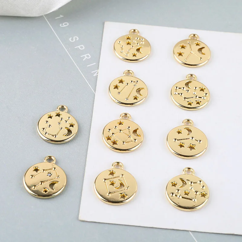 

6pcs 18K gold twelve constellation Earring Modern Female Jewelry Women coin pendant DIY earrings necklace material accessories