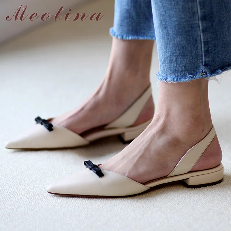 

Meotina Slingbacks Shoes Women Genuine Leather Flat Shoes Bow Pointed Toe Dress Shoes Elegant Footwear Female Spring Pink 33-40
