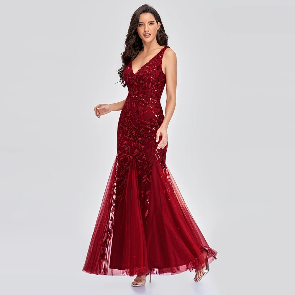 

Sleeveless V-neck Tulle Sequins Cocktail Dresses V-back Mermaid Party Prom Gowns Women Formal Occasion Embroidered Robe Vestioes