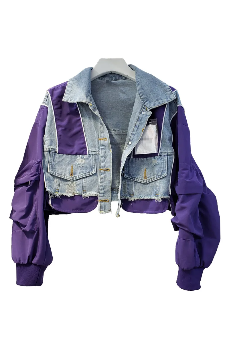 

202 Summer Color Contrast Patchwork Denim Jacket for Women Loose Versatile Casual Denim Coat Lady Long Sleeve Short Jeans Jacket