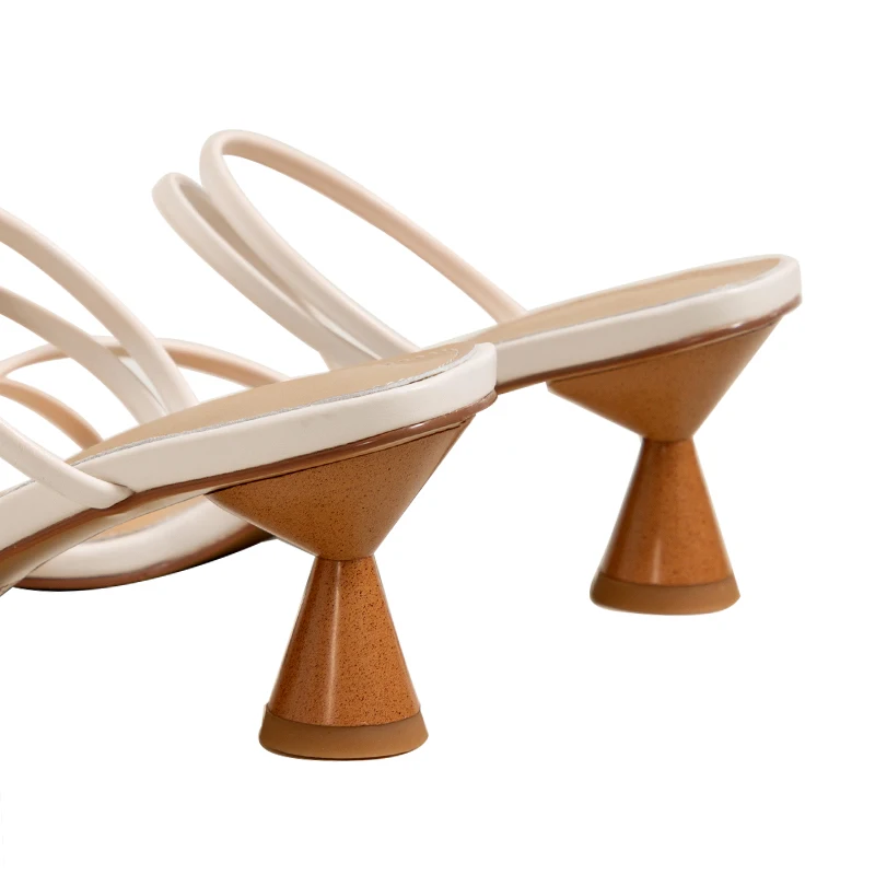 

Brand Elegant Concise Mules Strange Heels Women Sandals Genuine Leather Slippers Summer Open Toe Dress Party Casual Shoes Woman