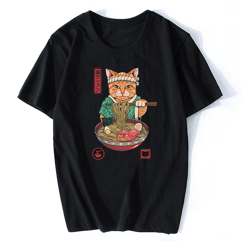 

Футболка мужская хлопковая, винтажная, в стиле японского аниме, кушающая рамен кошка, уличная одежда в стиле Харадзюку