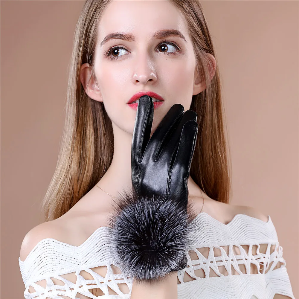 

Women Winter Sheepskin Gloves Ladies Fox Fur Real Leather Windbreak Warm Thicken Luxury Mittens Touch Screen Wool Fashion Gloves