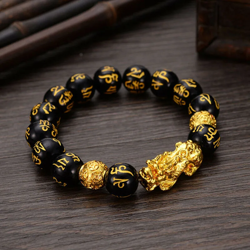 

Feng Shui Obsidian Stone Beads Bracelet Men Women Unisex Wristband Gold Black Pixiu Wealth and Good Luck Women Bracelet Gift