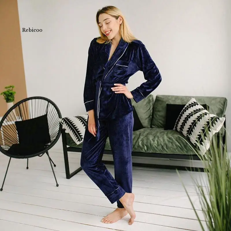 

Velvet Warm Pajamas for Women Robes and Pants Solid Pocket Long Sleeve Thick Home Wear Autumn Night Suit Winter Casual