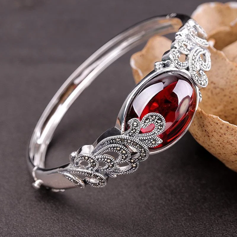 

925Sterling Silver Topaz Pith Garnet Women's Bracelet Jewelry National Style Loose Buckle Bracelet Retro Jewelry Gift To Friends