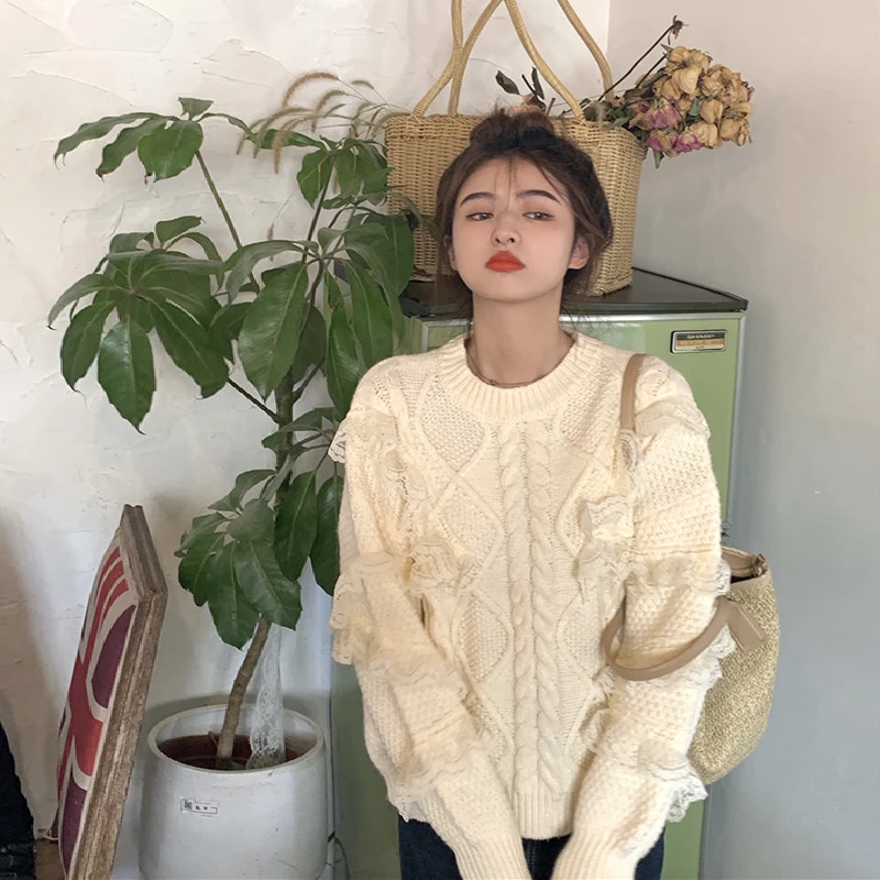 

Зимний и весенний корейский женский кружевной утепленный свитер в стиле пэчворк, новинка 2021, женский свитер пуловеры, топы, трикотаж